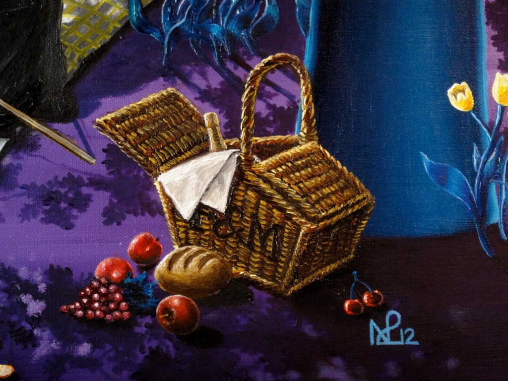 Fortnum and Masons Hamper with bread, grapes, apples and cherries