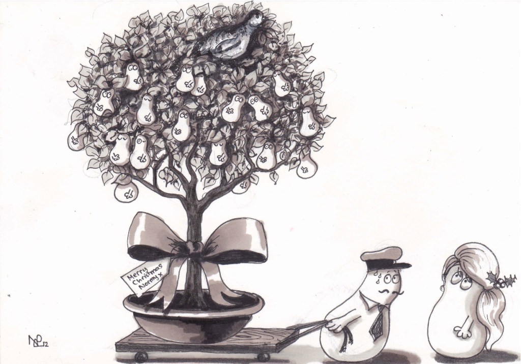 A partridge in a Norm-pear tree (2012 © Nicholas de Lacy-Brown, pen on paper)