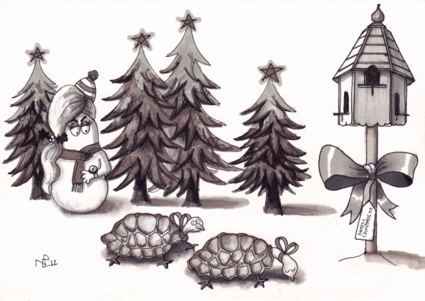 On the second day of Christmas my Normy gave to me...Two turtle doves (2012 © Nicholas de Lacy-Brown, pen on paper)