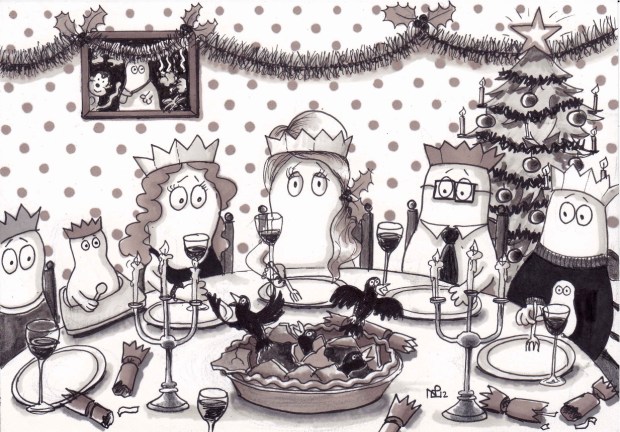 On the 4th day of Christmas my Normy gave to me 4 colly birds (2012 © Nicholas de Lacy-Brown, pen on paper)