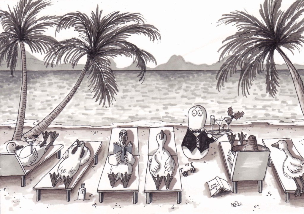 On the Sixth day of Christmas my Normy gave to me six geese a-laying (2012 © Nicholas de Lacy-Brown, pen on paper)