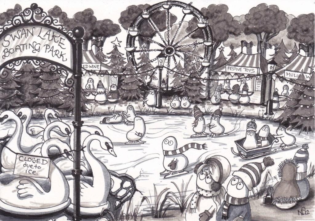 On the 7th day of Christmas my Normy gave to me, 7 swans a-swimming (2012 © Nicholas de Lacy-Brown, pen on paper)