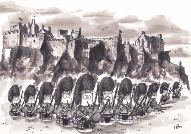 On the eleventh day of Christmas, my Normy gave to me, 11 pipers piping (© Nicholas de Lacy-Brown, pen on paper)