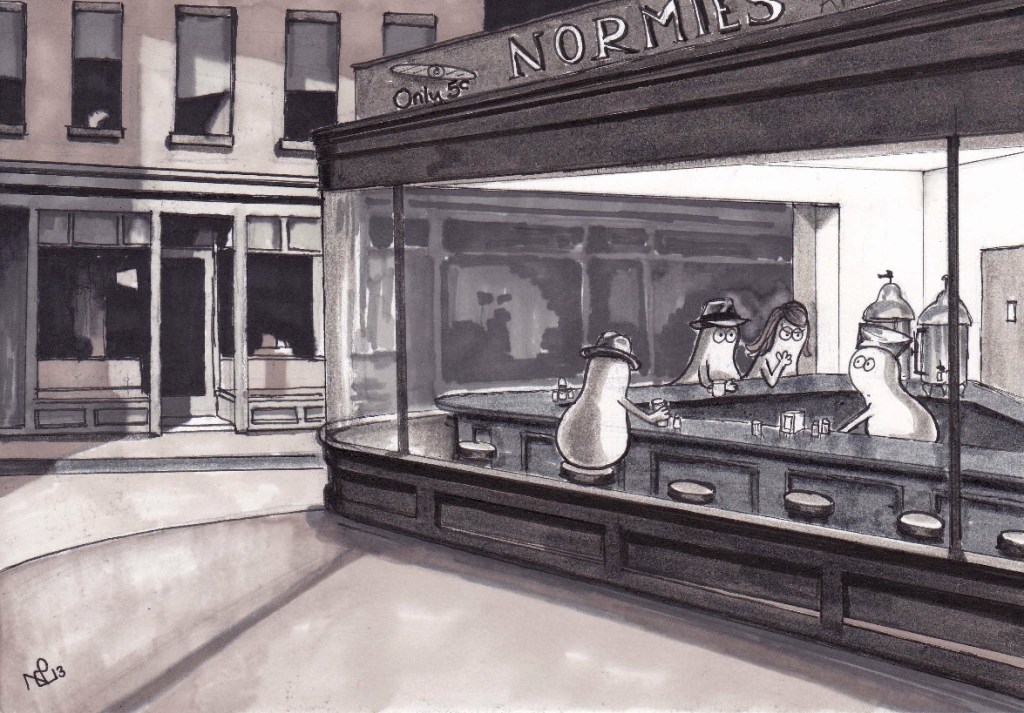 The Nighthawk Norms (after Hopper) (2012 © Nicholas de Lacy-Brown, pen on paper)