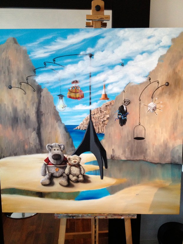 The sky with the addition of clouds (and further work to the articles hanging from the mobile)