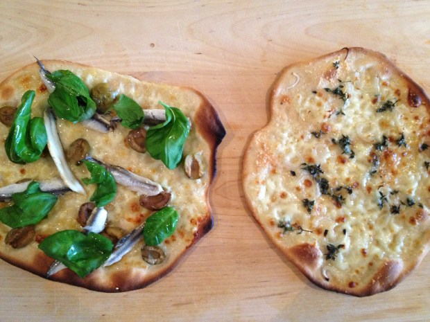 Pizzetta Bianca and Anchovy, olive and basil