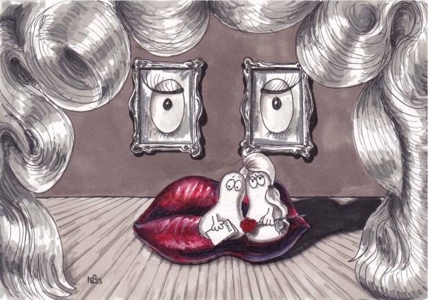 Normy and Normette ponder the meaning of Dali's Mae West Lips (2013 © Nicholas de Lacy-Brown, pen on paper)