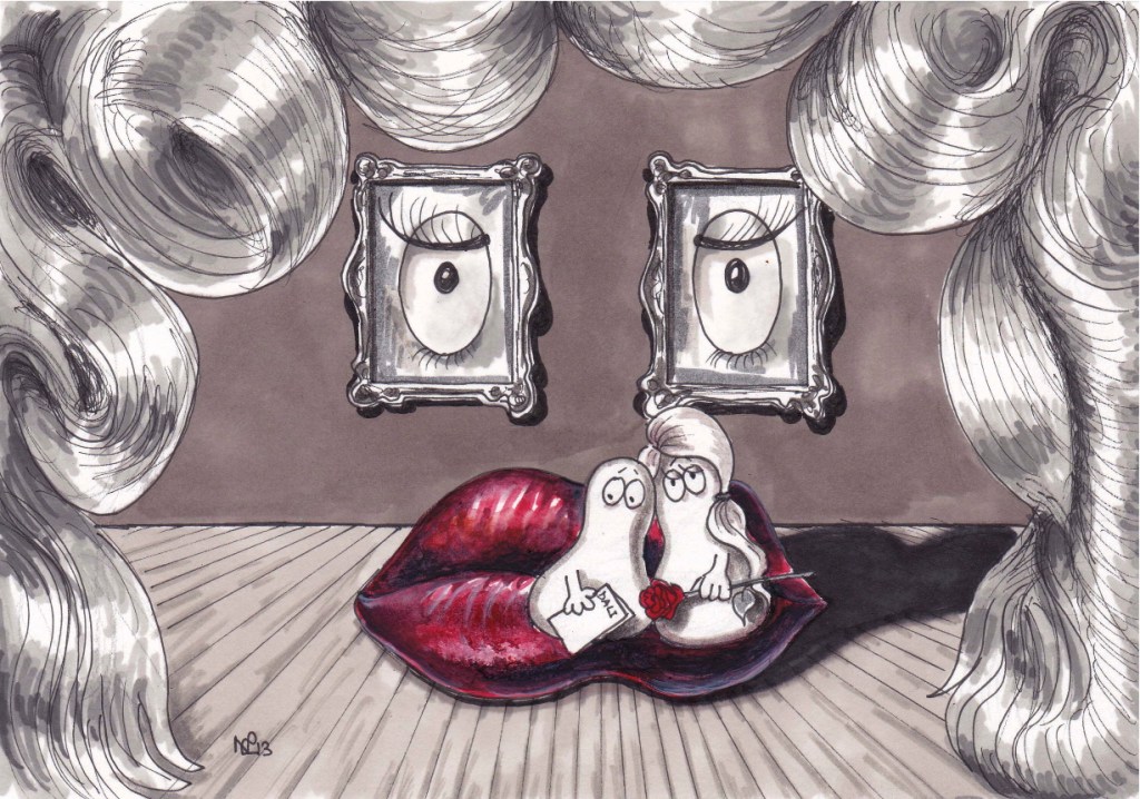Normy and Normette ponder the meaning of Dali's Mae West Lips (2013 © Nicholas de Lacy-Brown, pen on paper)