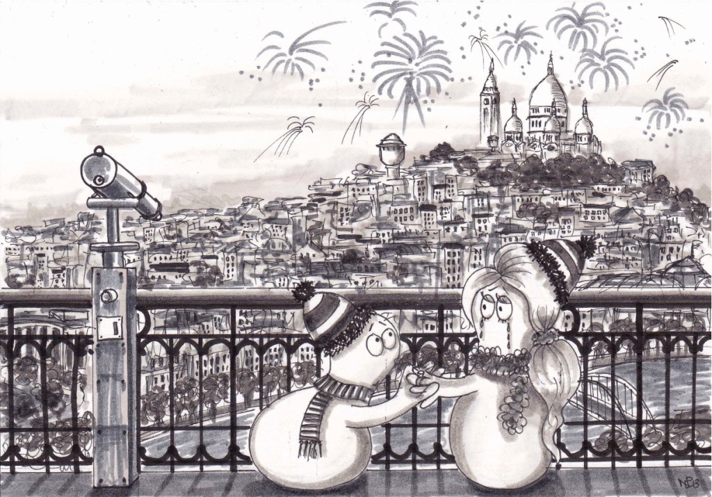 Normy and Normette: engaged on the Eiffel Tower (2013 © Nicholas de Lacy-Brown, pen on paper)