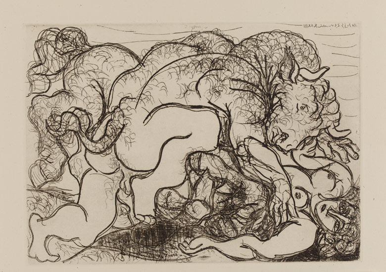 Picasso's Minotaur lying over a female centaur, 1933; plate 87 of the Vollard Suite at the British Museum