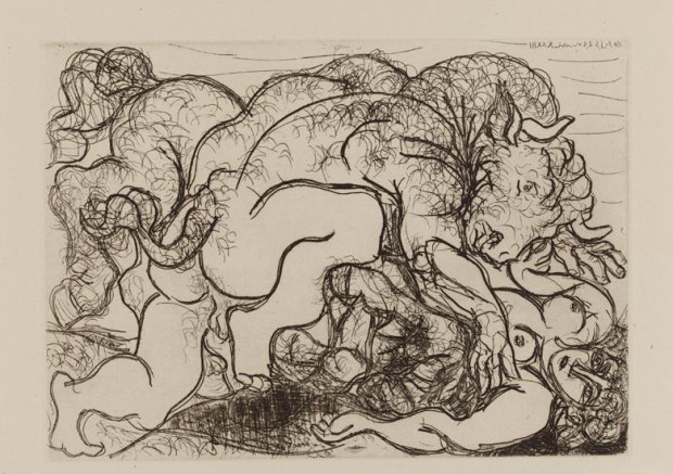 Picasso's Minotaur lying over a female centaur, 1933; plate 87 of the Vollard Suite at the British Museum