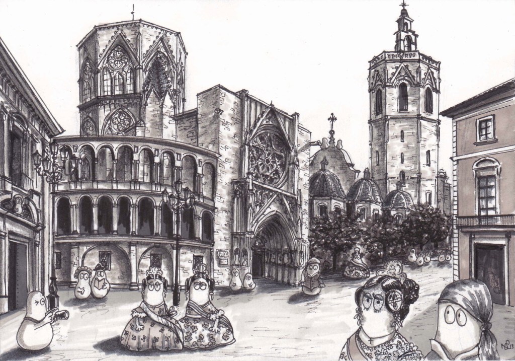 Norms gather in Valencia for Las Fallas (2013 © Nicholas de Lacy-Brown, pen on paper)