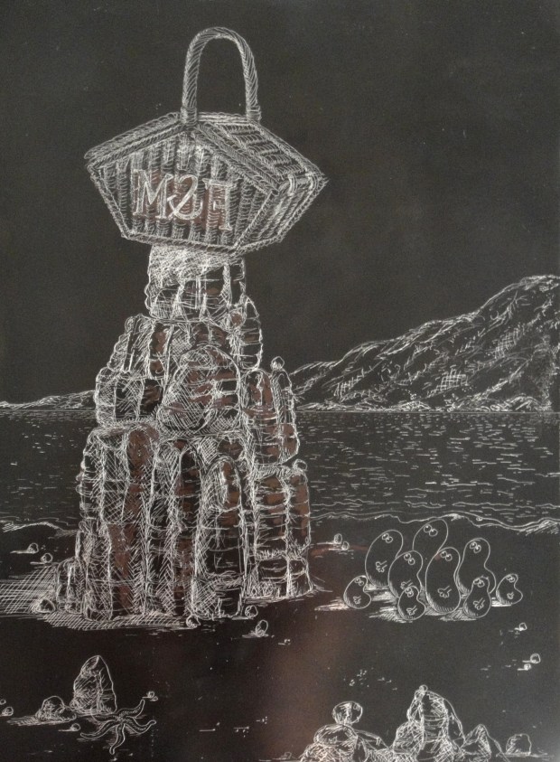 The etching drawn into the  black "ground" pre-exposure to acid