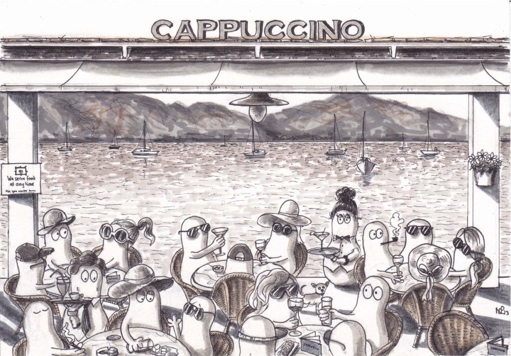 Norms at Cappuccino Pollença (2013, © Nicholas de Lacy-Brown, pen on paper)
