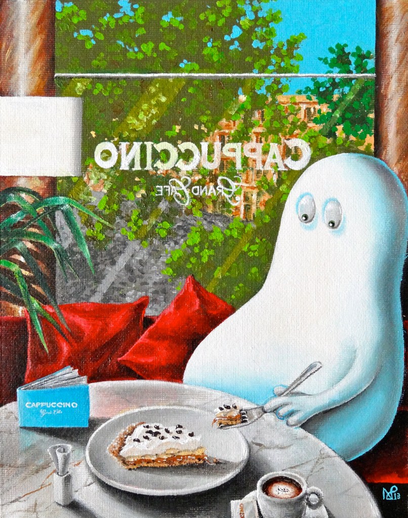 Norm at Cappuccino Palau March (2013 © Nicholas de Lacy-Brown, acrylic on canvas)