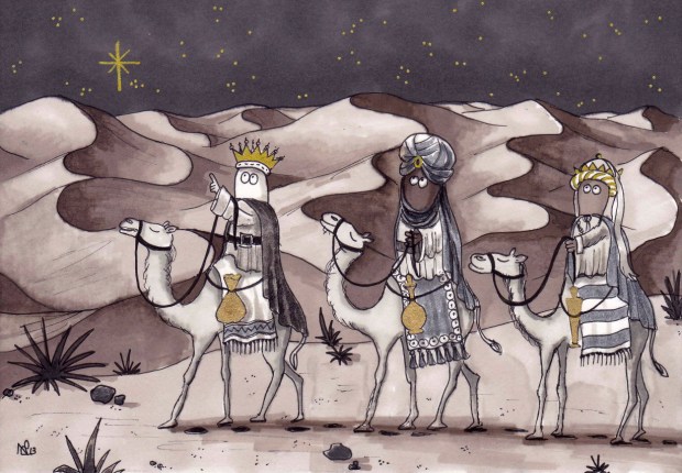 The Three Wisenorms (2013 © Nicholas de Lacy-Brown, pen and gold paint on paper)