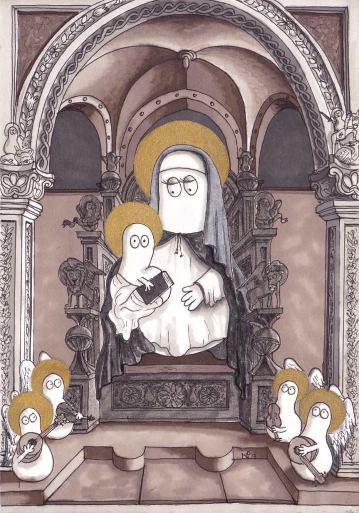 Madonna Norm Enthroned (2014 © Nicholas de Lacy-Brown, pen and gold paint on paper)