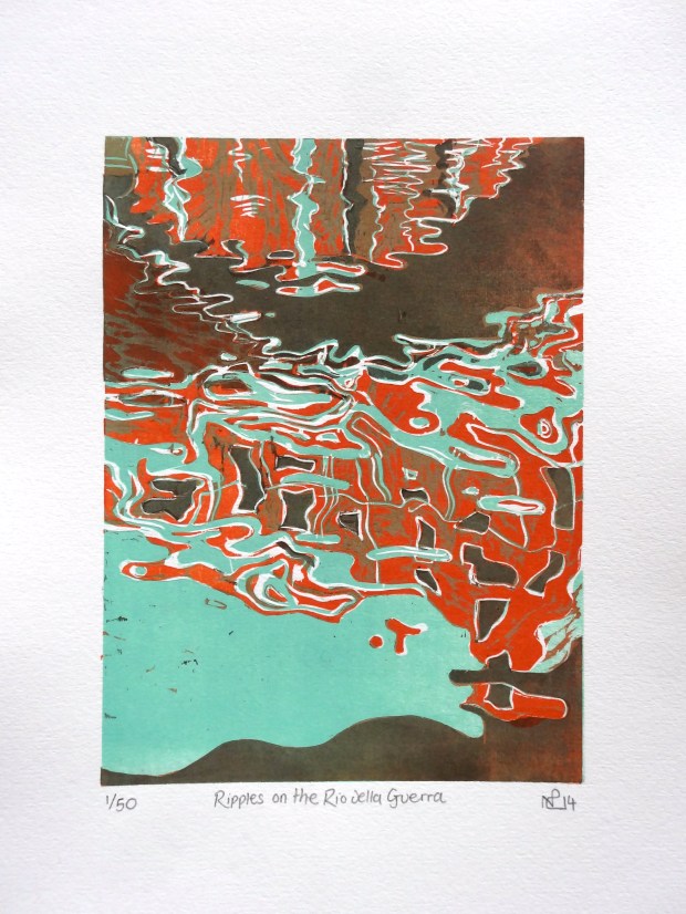 Ripples on the Rio della Guerra (2014 © Nicholas de Lacy-Brown, woodcut print on paper)