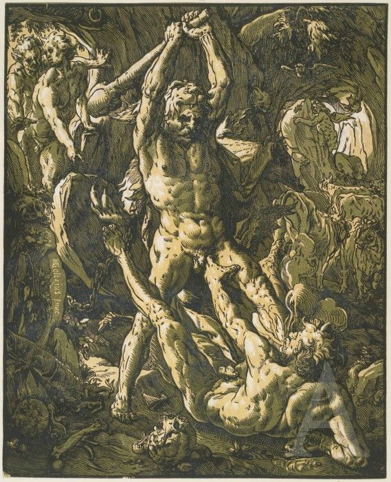 Hendrick Goltzius, Hercules Killing Cacus, 1588. Chiaroscuro woodcut printed from three blocks, the tone blocks in yellow and green, 41.1 x 33.3 cm. Collection Georg Baselitz. Photo: Albertina, Vienna