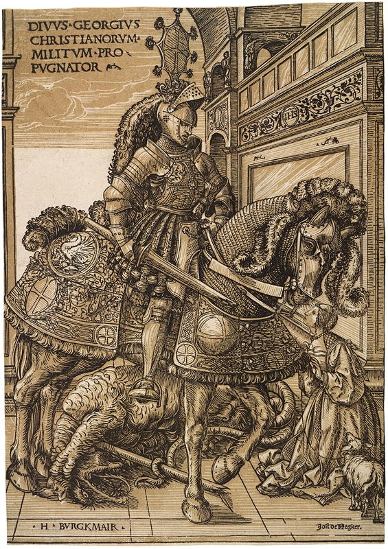 Hans Burgkmair the Elder, 'St George and the Dragon', c. 1508-10." Chiaroscuro woodcut printed from two blocks, the tone block in beige. 31.9 x 22.5 cm. Collection Georg Baselitz. Photo Albertina, Vienna. Organised by the Royal Academy of Arts, London and the Albertina, Vienn
