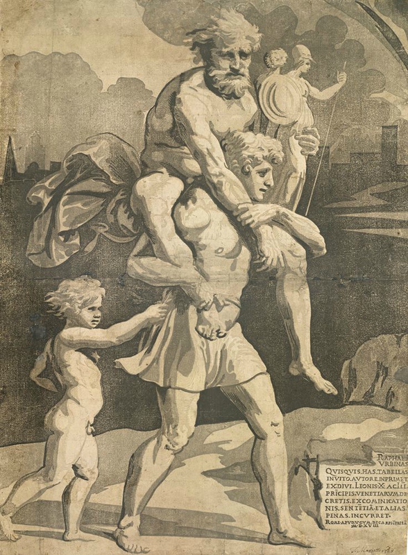 Ugo da Carpi, after Raphael; Aeneas and Anchises 1518, Chiaroscuro woodcut printed from four tone blocks, in beige and grey 51 x 37.4 cm Collection Georg Baselitz. Photo Albertina, Vienna. Organised by the Royal Academy of Arts, London and the Albertina, Vienn