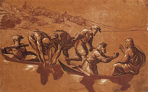 Ugo da Carpi, after Raphael, The Miraculous Draught of Fishes, c. 1523-27. Chiaroscuro woodcut printed from three blocks, the tone blocks in red, 23.4 x 25.7 cm. Albertina, Vienna. Photo: Albertina, Vienna