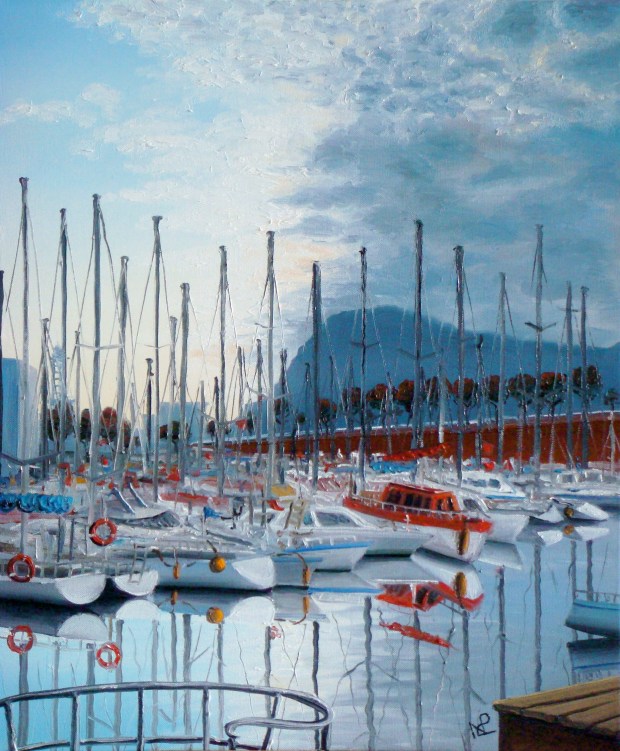 Seascape VI: Port Vell, Barcelona (2007 © Nicholas de Lacy-Brown, oil on canvas)
