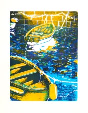 Boats in the Porto Santa Lucia, Naples (2014 © Nicholas de Lacy-Brown, woodcut (3 plates) printed on fabriano)