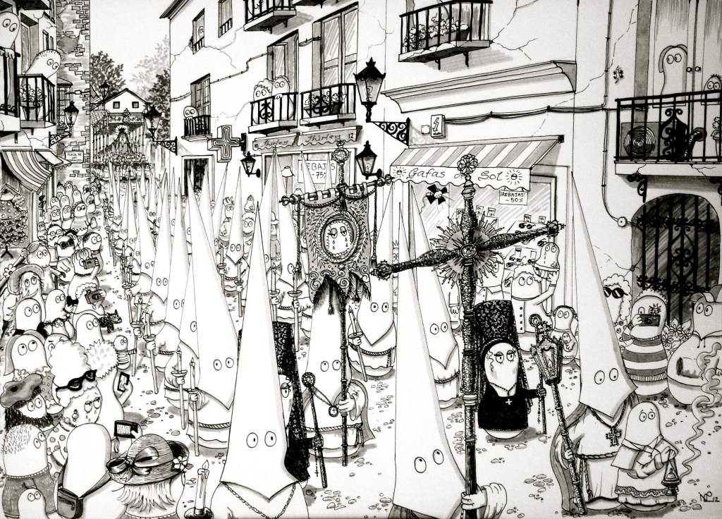 Semana Santa - Norms attend a procession - the 2012 original (© Nicholas de Lacy-Brown, pen on paper)