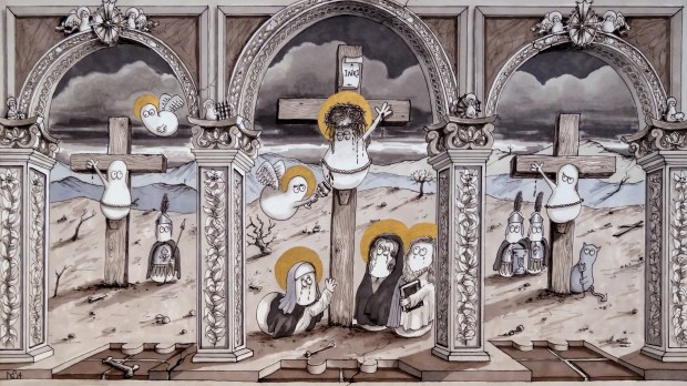 The Norm Crucifixion (2014 © Nicholas de Lacy-Brown, pen, ink and gold paint on paper)