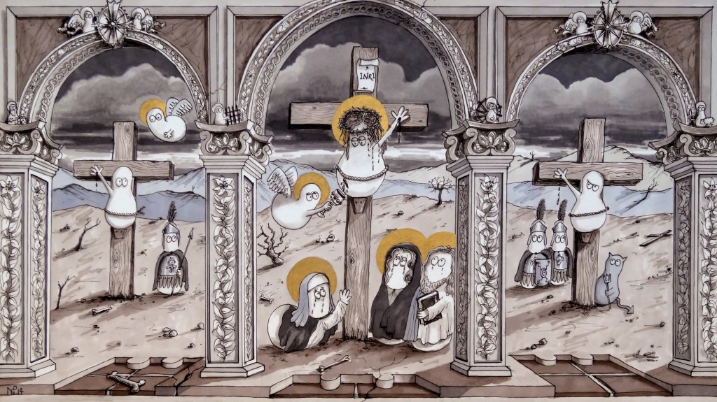 The Norm Crucifixion (2014 © Nicholas de Lacy-Brown, pen, ink and gold paint on paper)