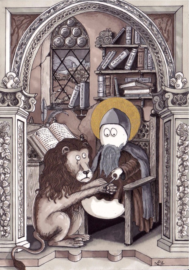 Saint Jerome Norm (2014 © Nicholas de Lacy-Brown, pen, ink and gold paint on paper)