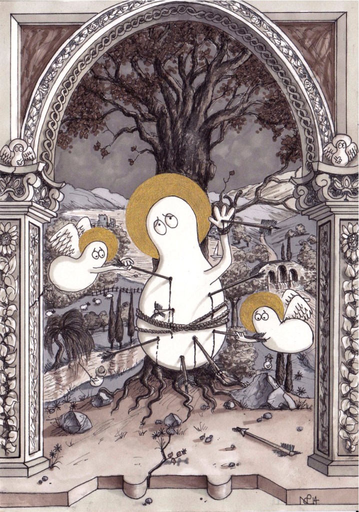 Saint Sebastian Norm (2014 © Nicholas de Lacy-Brown, pen, ink and gold paint on paper)