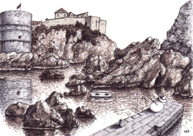 Fishernorm in the Brsalje Harbour, Dubrovnik (2014 © Nicholas de Lacy-Brown, pen and ink on paper)