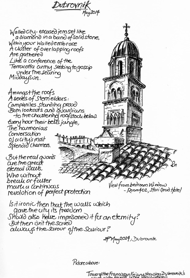View from window of the Stari Grad Hotel, Dubrovnik (2014 © Nicholas de Lacy-Brown, pen on paper)