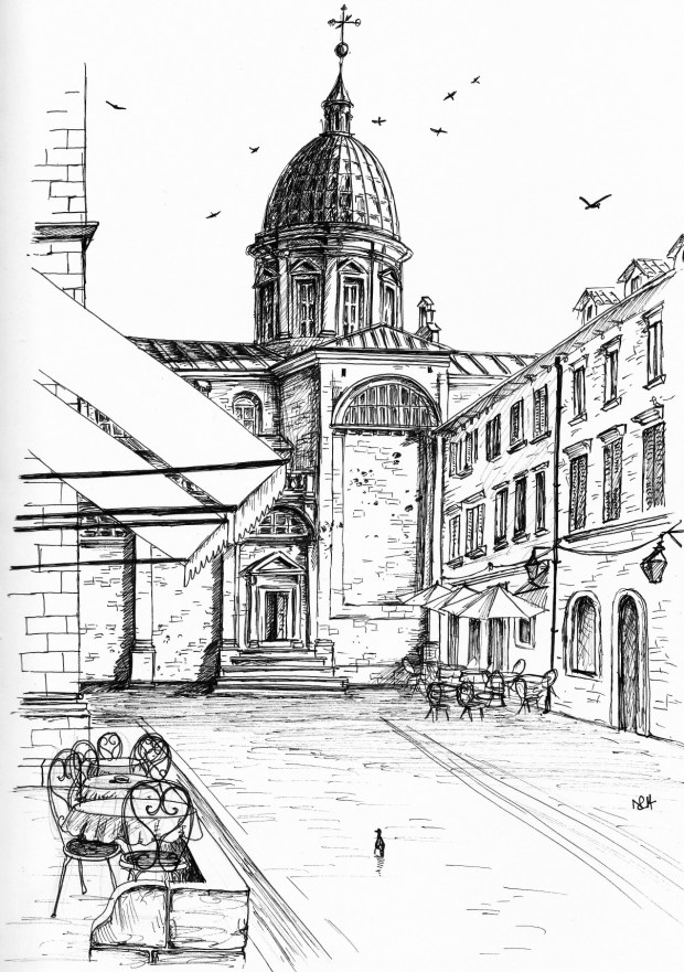 View of Dubrovnik Cathedral from the terrace of the Gradska Kavana Café (2014 © Nicholas de Lacy-Brown, pen on paper)