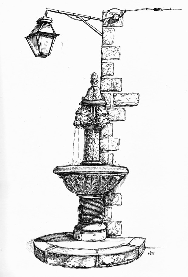 The Amerling Fountain on the Gunduliceva Square, Dubrovnik (2014 © Nicholas de Lacy-Brown, pen on paper)