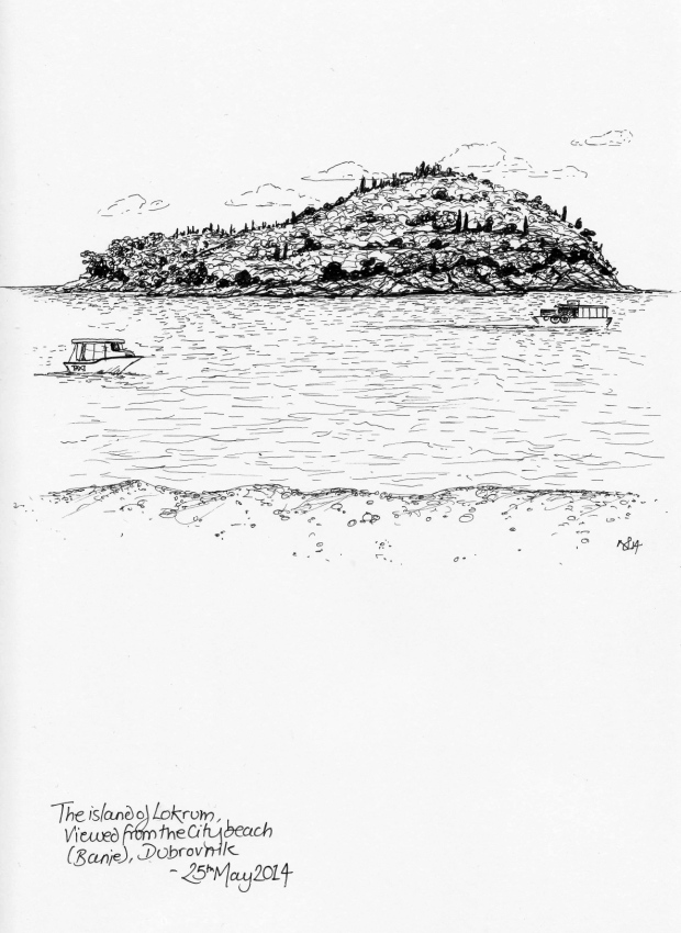 The island of Lokrum (Dubrovnik) viewed from the beach (2014 © Nicholas de Lacy-Brown, pen on paper)