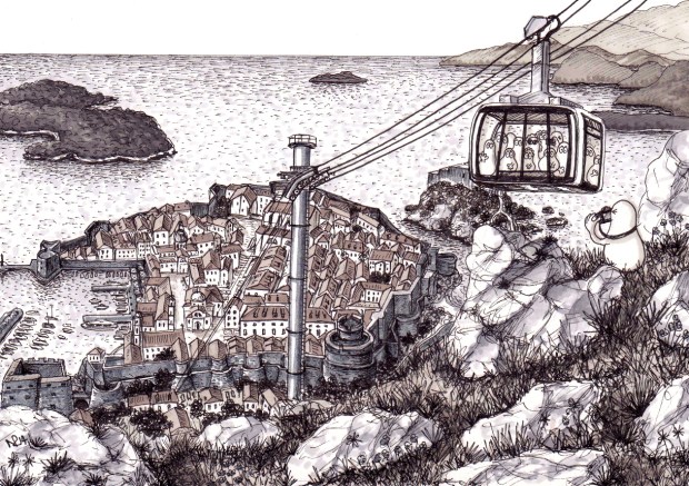 Norms in Dubrovnik take the Cable Car (2014 © Nicholas de Lacy-Brown, pen and ink on paper)