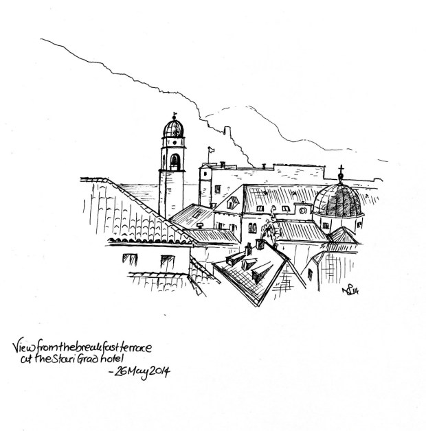 View from the roof terrace at the Stari Grad Hotel, Dubrovnik (at breakfast) (2014 © Nicholas de Lacy-Brown, pen on paper)
