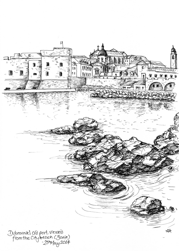 The Old Port at Dubrovnik, viewed from the City's Beach (2014 © Nicholas de Lacy-Brown, pen on paper)