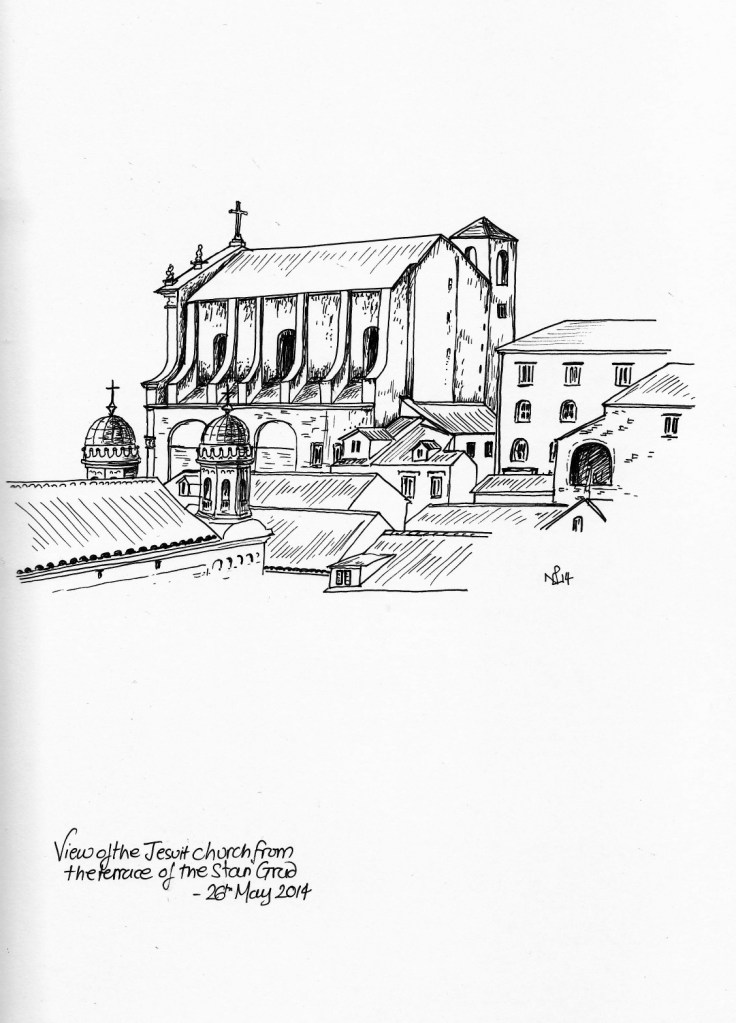 Rooftop view with the Jesuit Church, Dubrovnik (2014 © Nicholas de Lacy-Brown, pen on paper)