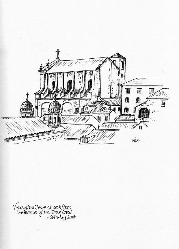 Rooftop view with the Jesuit Church, Dubrovnik (2014 © Nicholas de Lacy-Brown, pen on paper)