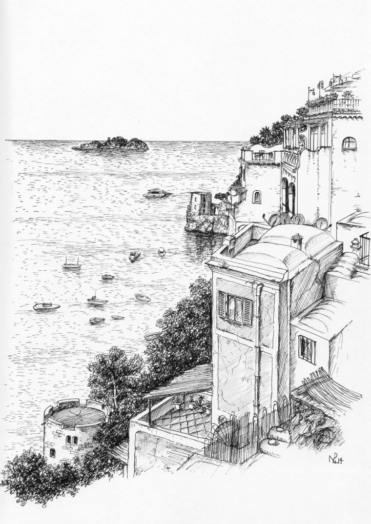 Positano Sketch 1: Balcony View towards the Sirenuse (2014 © Nicholas de Lacy-Brown, pen on paper)