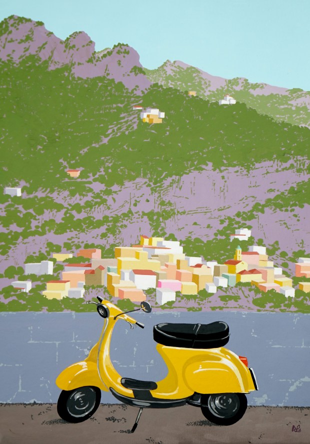 Positano IV (Yellow Vespa) (2014 © Nicholas de Lacy-Brown, gouache on paper)