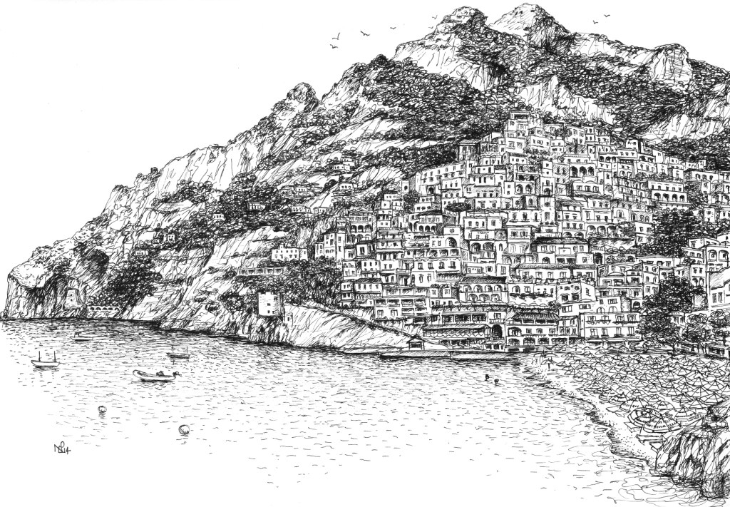 Positano Sketch 2 - View from the beach (2014 © Nicholas de Lacy-Brown, pen on paper)