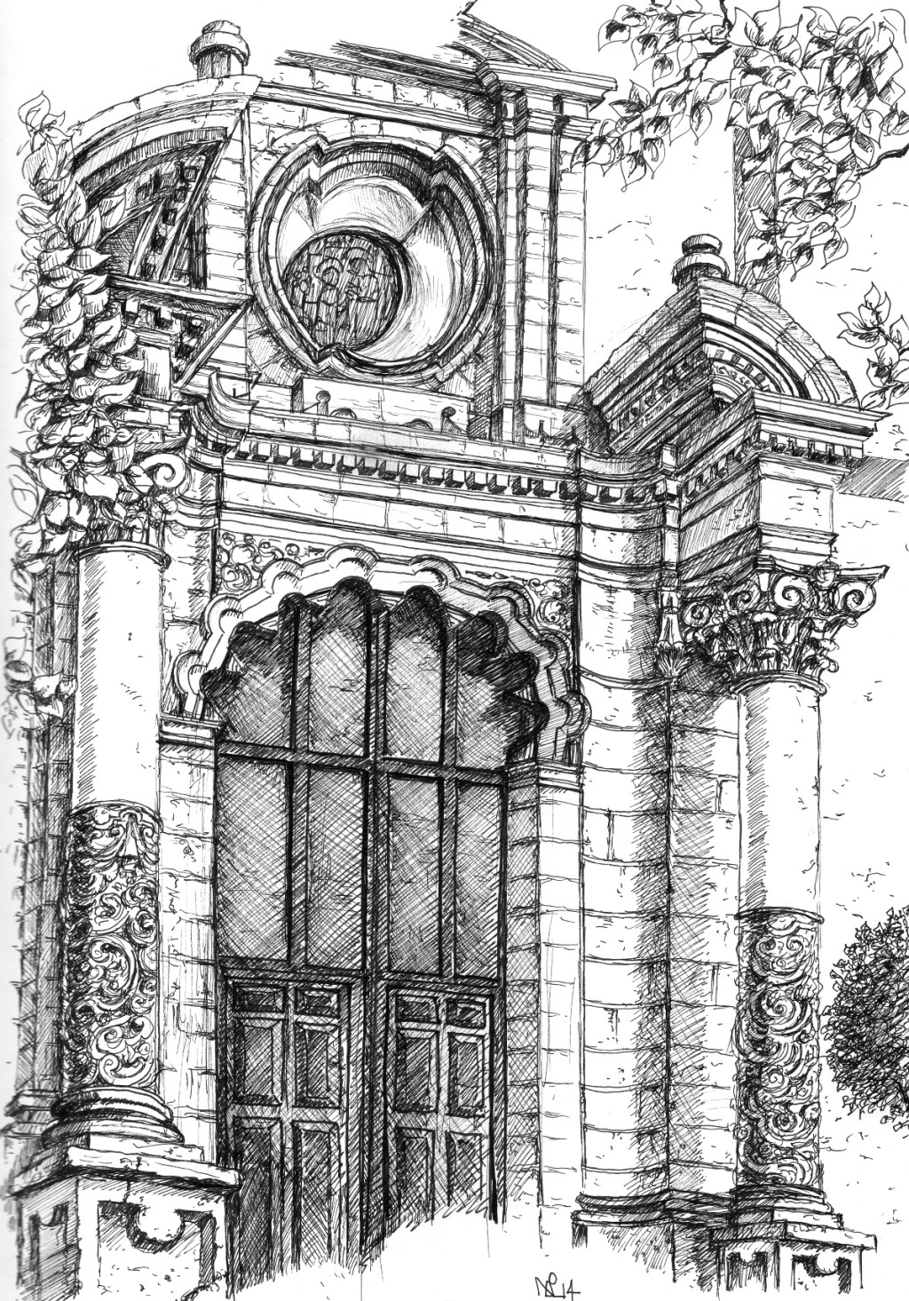 Doorway of Marbella's Iglesia Encarnacion (2014 © Nicholas de Lacy-Brown, pen on paper)