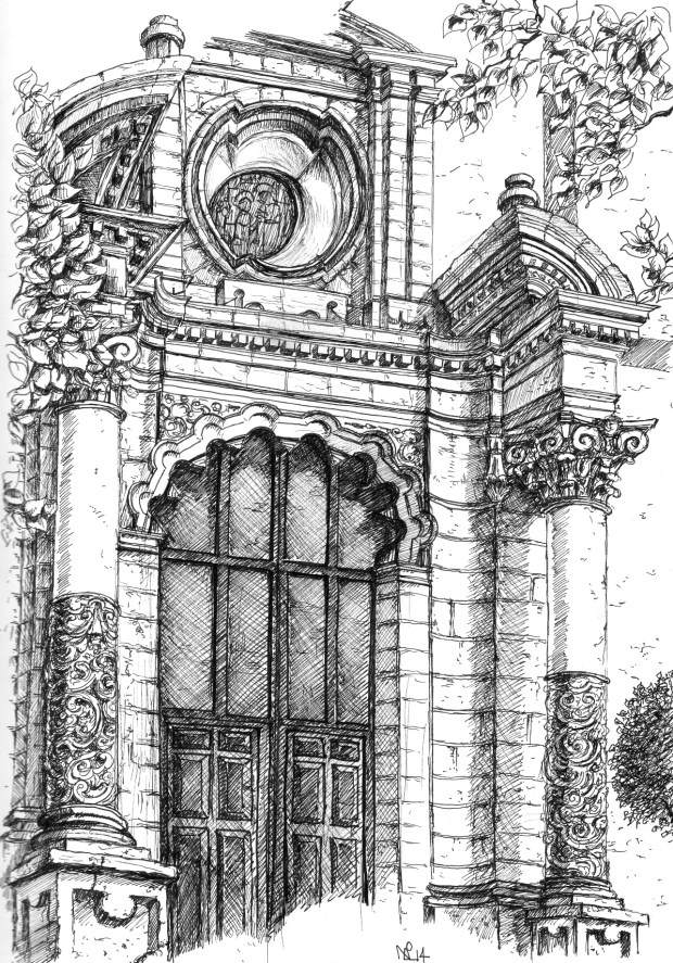 Doorway of Marbella's Iglesia Encarnacion (2014 © Nicholas de Lacy-Brown, pen on paper)