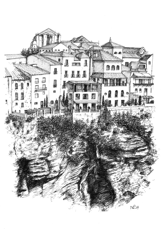 Ronda 1 - Buildings above the Tajo Gorge, Ronda (2014 © Nicholas de Lacy-Brown, pen on paper)