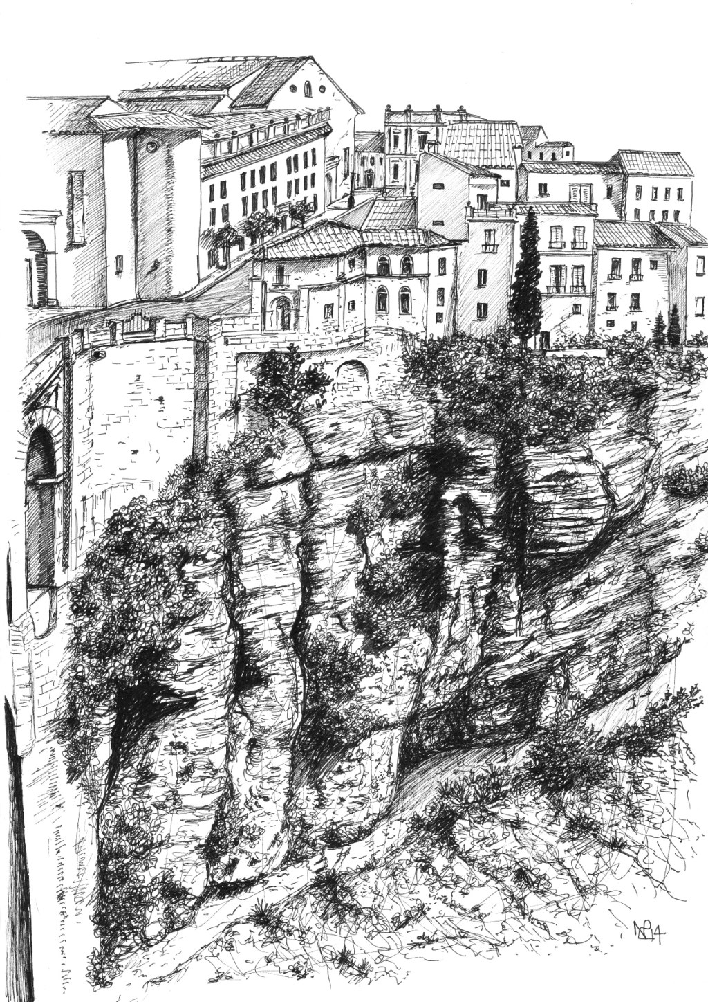 Ronda 2: The Tajo Gorge (2014 © Nicholas de Lacy-Brown, pen on paper)